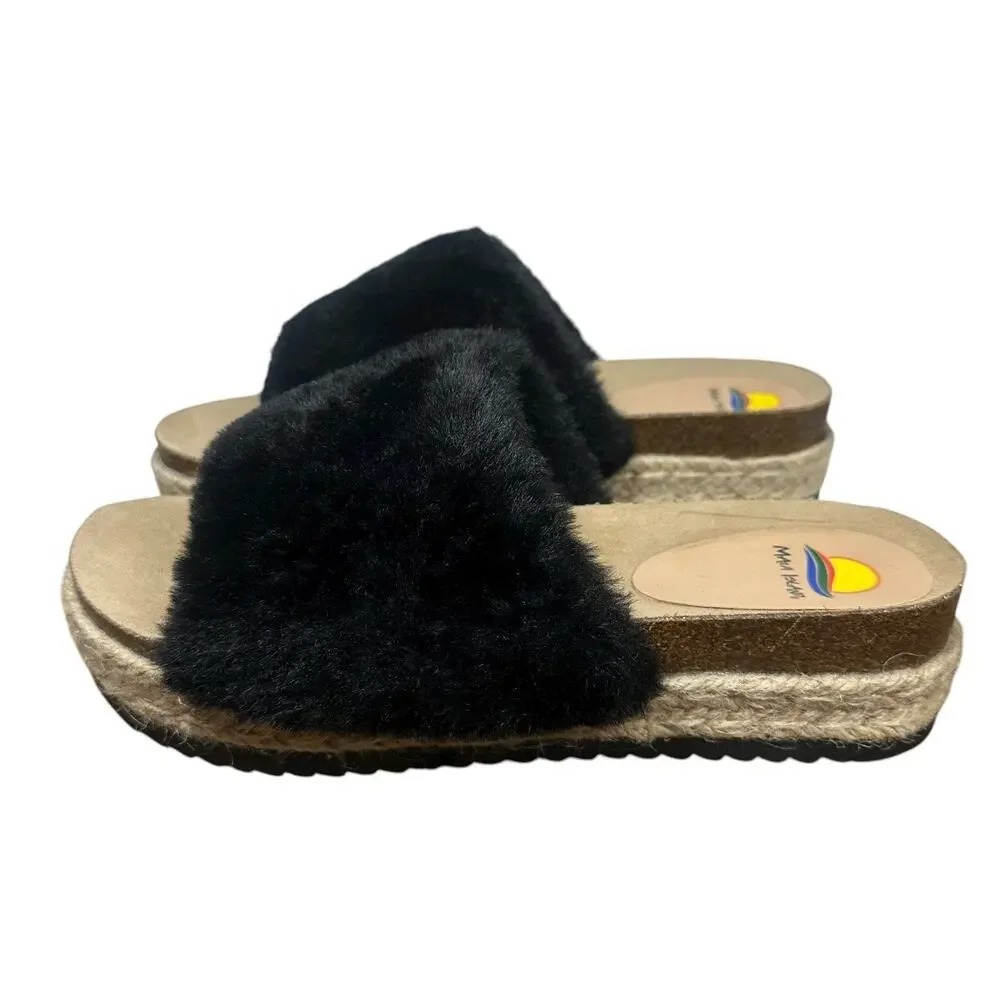 Maui Island Black Faux Fur Platform Wedge Slide Sandals Slippers Cork Footbed 10